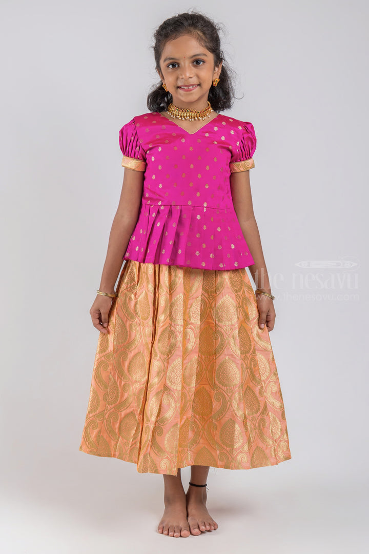 The Nesavu Pattu Pavadai Zari Butta Printed Purple Silk Peplum Blouse with Knife Pleated salmon Pattu Pavadai for Girls psr silks Nesavu 16 (1Y) / Salmon / Jacquard GPP260