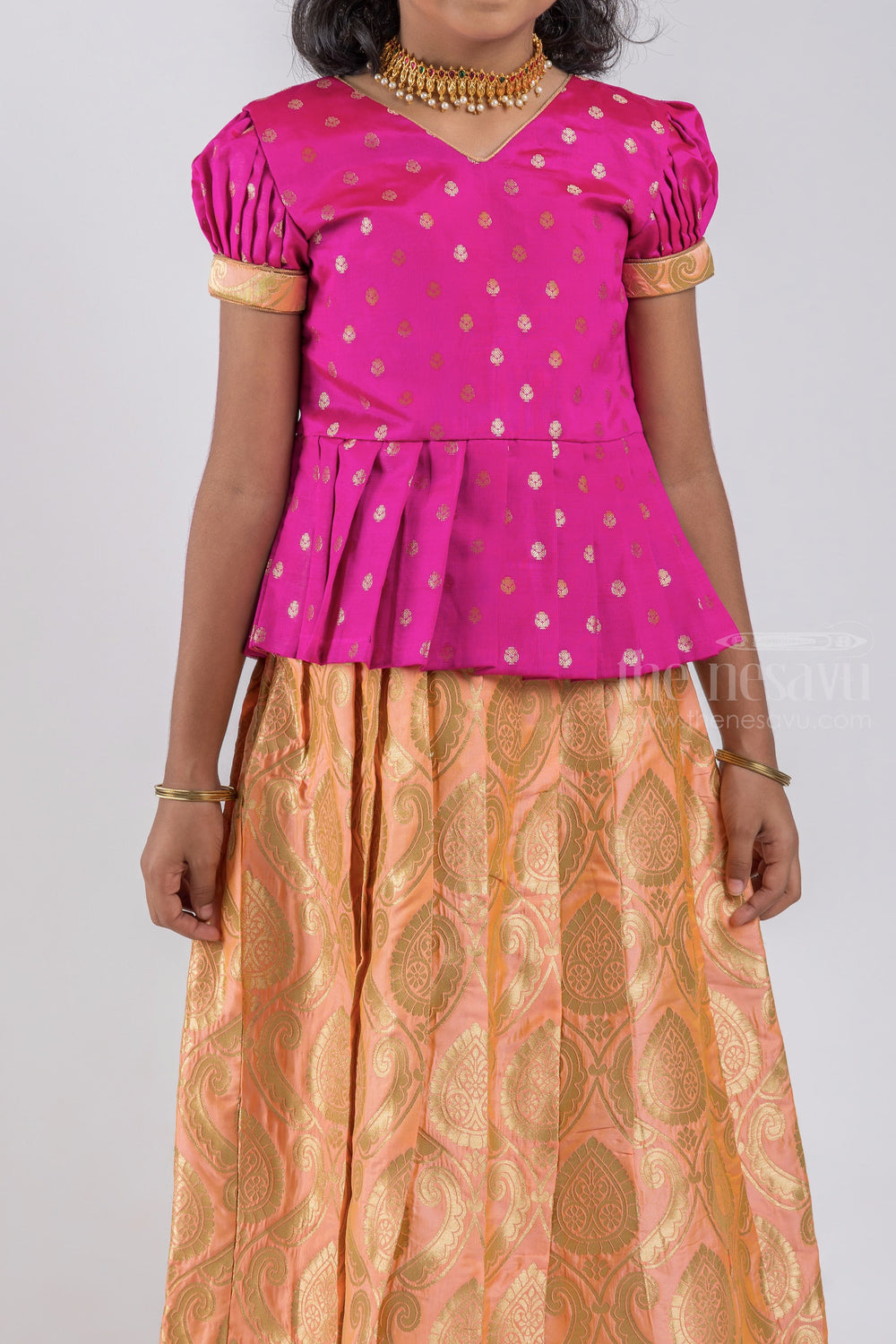 The Nesavu Pattu Pavadai Zari Butta Printed Purple Silk Peplum Blouse with Knife Pleated salmon Pattu Pavadai for Girls psr silks Nesavu