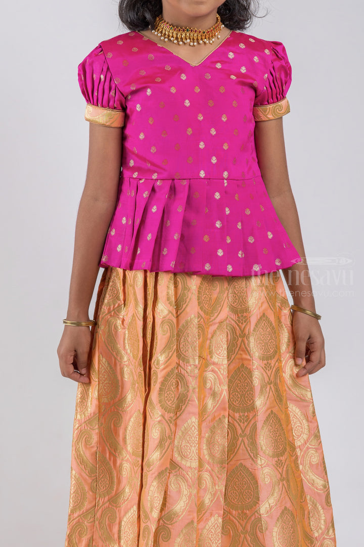 The Nesavu Pattu Pavadai Zari Butta Printed Purple Silk Peplum Blouse with Knife Pleated salmon Pattu Pavadai for Girls psr silks Nesavu