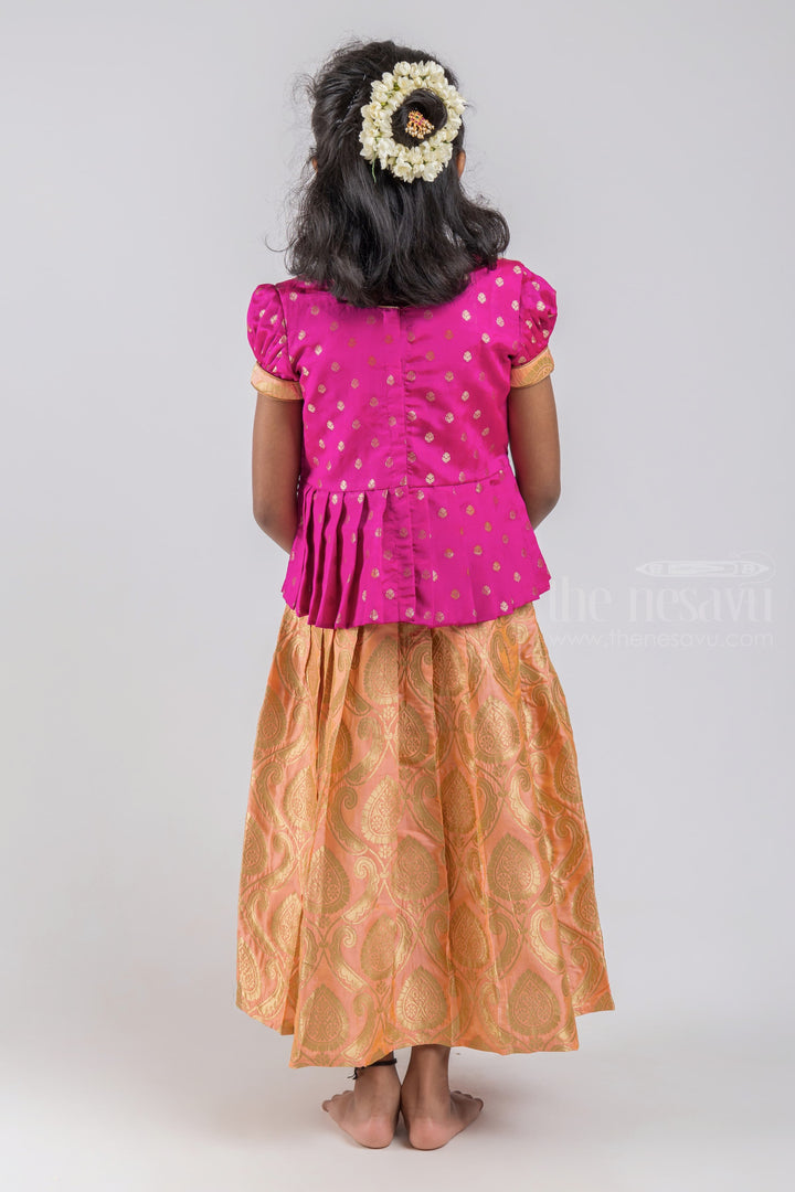 The Nesavu Pattu Pavadai Zari Butta Printed Purple Silk Peplum Blouse with Knife Pleated salmon Pattu Pavadai for Girls psr silks Nesavu