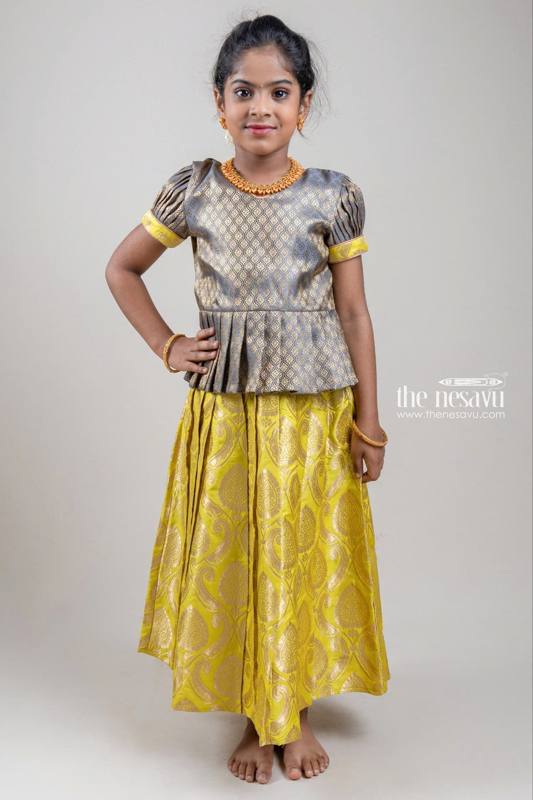 The Nesavu Pattu Pavadai Zari Floral Designer Brown Blouse with Knife Pleated Green Silk Skirt for Girls Nesavu 16 (1Y) / Green / Jacquard GPP262-16 Zari Floral Designer Brown Blouse with Knife Pleated Green Silk Skirt for Girls | Full Length | Shop at The Nesavu