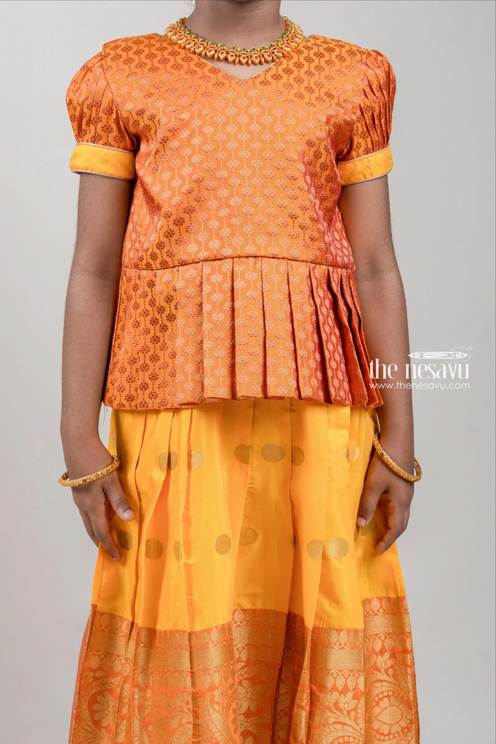 The Nesavu Pattu Pavadai Zari Floral Designer Brown Silk Peplum Blouse with Knife Pleated Yellow Silk Skirt for Girls Nesavu Zari Floral Designer Yellow Silk Peplum Blouse with Knife Pleated Yellow Silk Skirt for Girls | Shop at The Nesavu