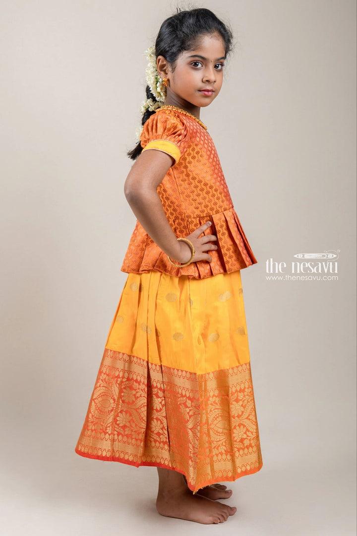 The Nesavu Pattu Pavadai Zari Floral Designer Brown Silk Peplum Blouse with Knife Pleated Yellow Silk Skirt for Girls Nesavu Zari Floral Designer Yellow Silk Peplum Blouse with Knife Pleated Yellow Silk Skirt for Girls | Shop at The Nesavu