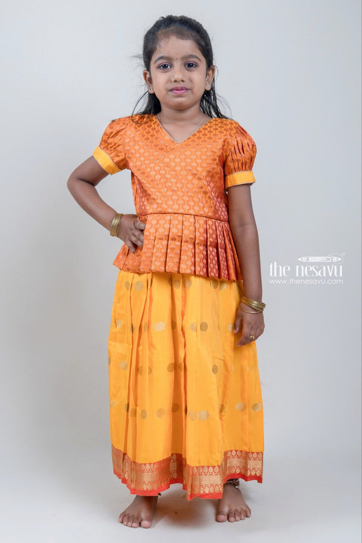 The Nesavu Pattu Pavadai Zari Floral Designer Yellow Silk Peplum Blouse N Knife Pleated Yellow Silk Skirt With Small Border for Girls Nesavu 16 (1Y) / Yellow / Small Border GPP266B-16 Ethnic Zari Floral Designer Yellow Silk Peplum Blouse with Knife Pleated Yellow Silk Skirt for Girls | Shop at The Nesavu