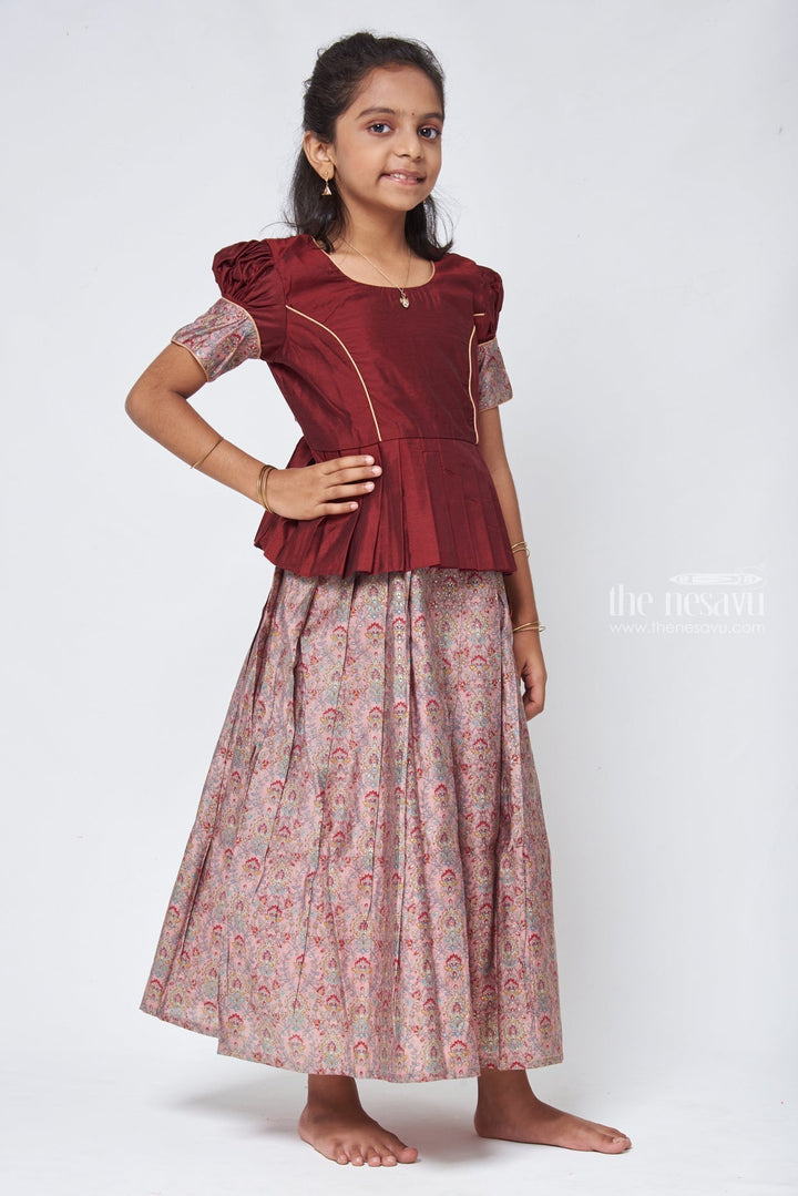 The Nesavu Pattu Pavadai Zari with Floral Printed Salmon Pink Pleated Skirt and Brown Jacquard Silk Blouse Nesavu 16 (1Y) / Brown GPP288A-16 Girls Traditional Pattu Pavadai | Girls Ethnic Wear | The Nesavu