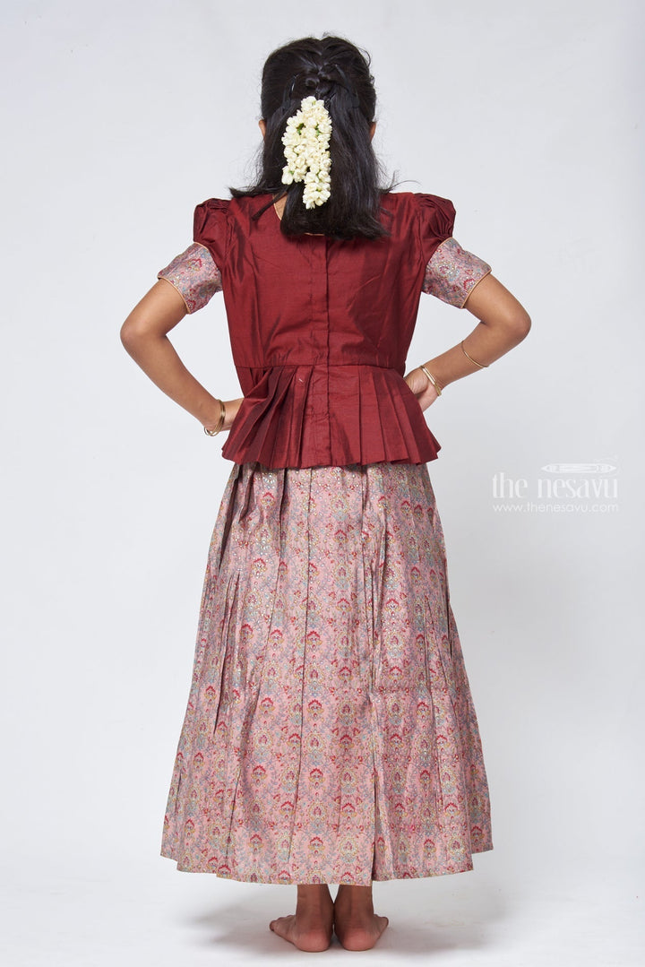 The Nesavu Pattu Pavadai Zari with Floral Printed Salmon Pink Pleated Skirt and Brown Jacquard Silk Blouse Nesavu Girls Traditional Pattu Pavadai | Girls Ethnic Wear | The Nesavu