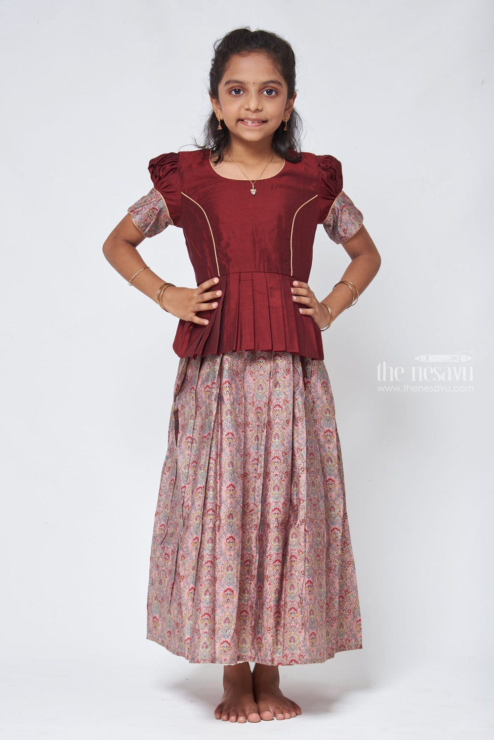 The Nesavu Pattu Pavadai Zari with Floral Printed Salmon Pink Pleated Skirt and Brown Jacquard Silk Blouse Nesavu Girls Traditional Pattu Pavadai | Girls Ethnic Wear | The Nesavu