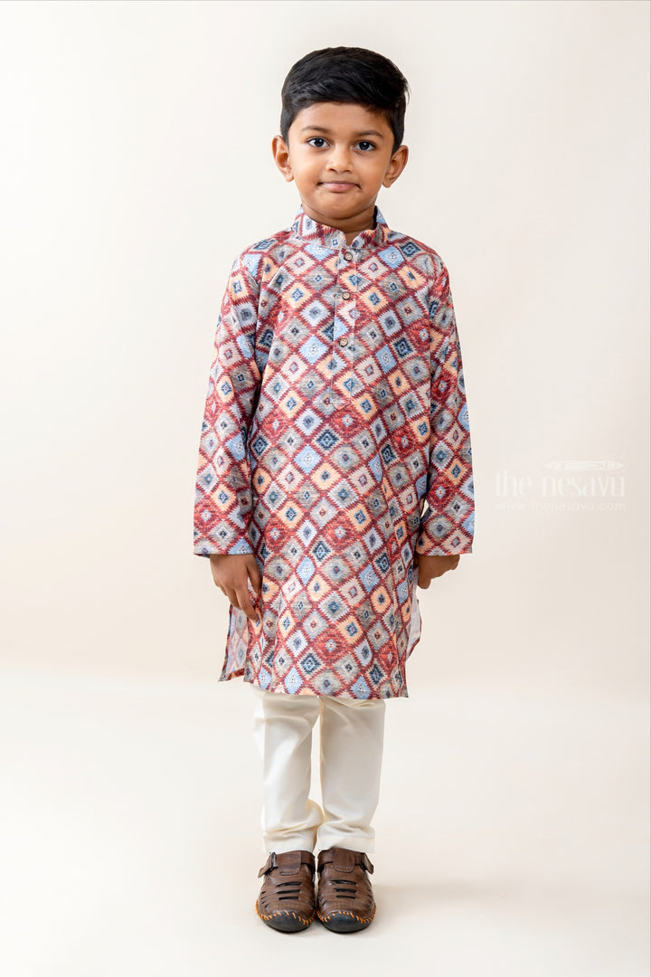 The Nesavu Ethnic Sets Checkered Boxes - Multi Coloured Shirt And White Cotton Pants psr silks Nesavu 14 (6M) / Brown BES226A