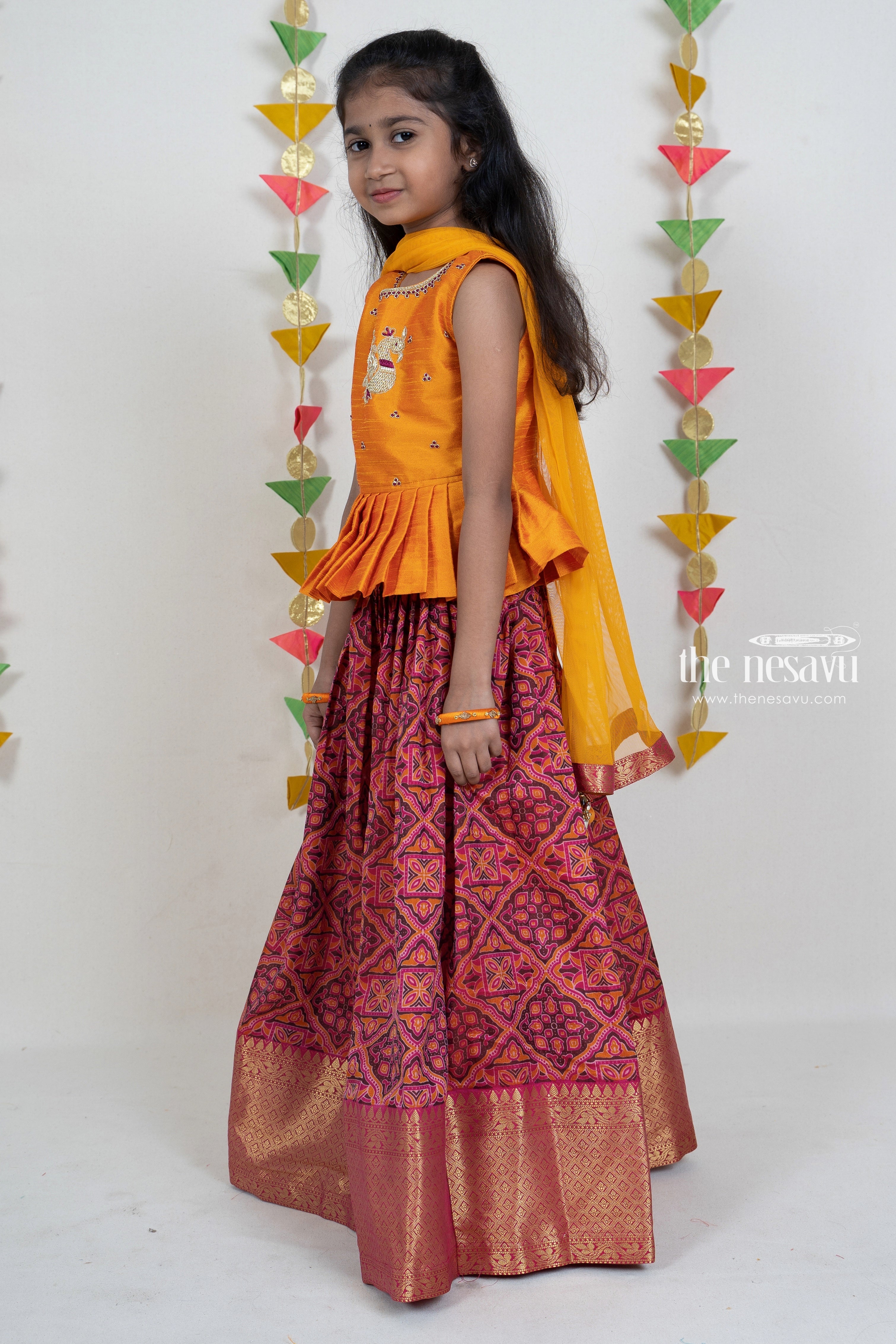 nesavu latest designer pink pattu pavada with yellow embroidery peplum pleated blouse the nesavu pattu pavadai thenesavu psr silks 29720926355541