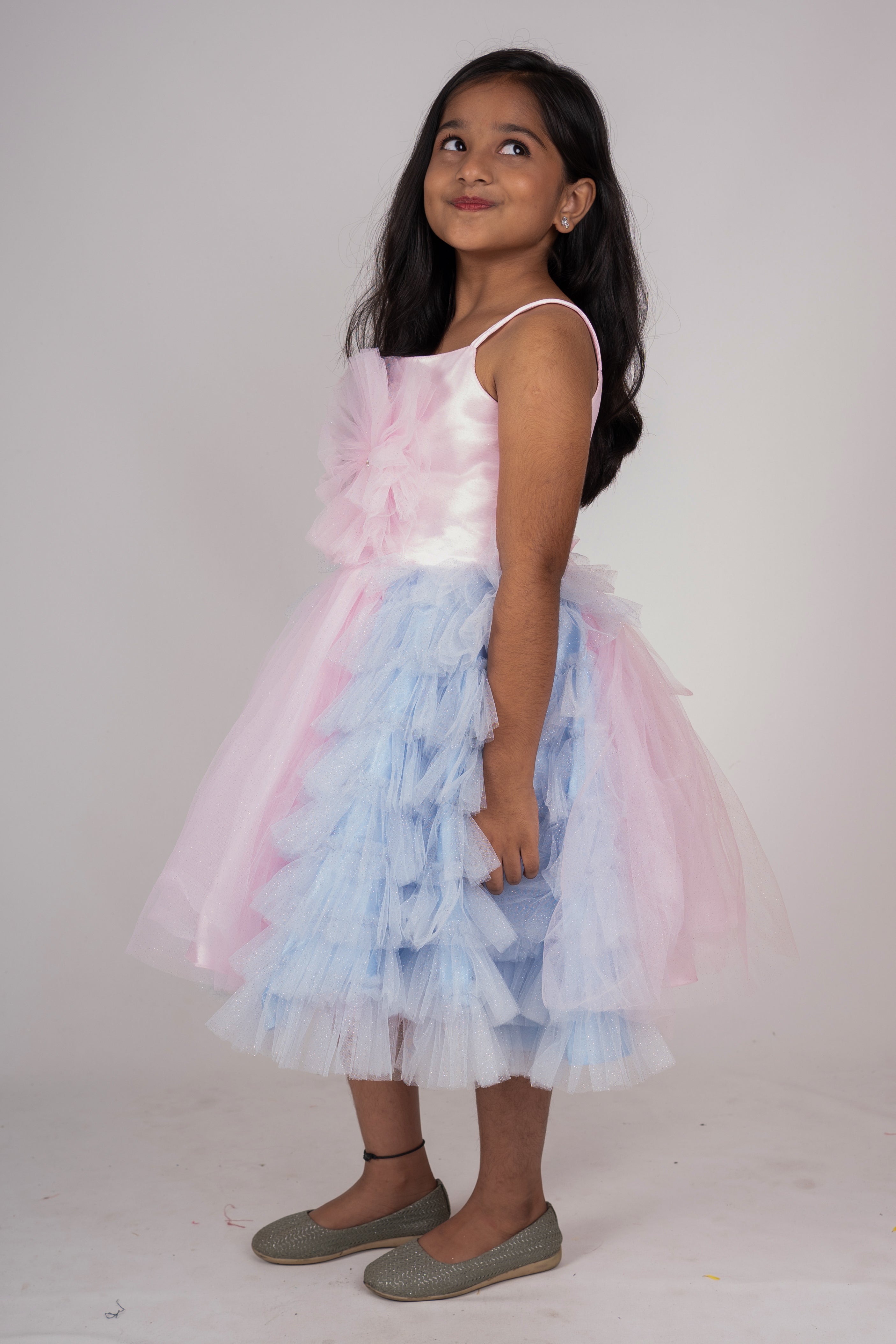 nesavu pink with blue multi layered frill trimmed frock for baby girls the nesavu party frock thenesavu psr silks 29569108508757