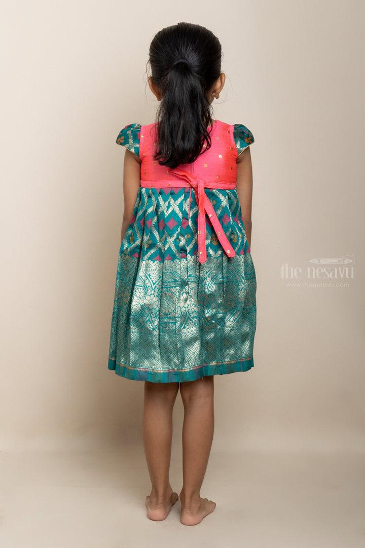 The Nesavu Silk Frocks Pink With Peacock Blue Silk Cotton Gown For Baby Girls psr silks Nesavu