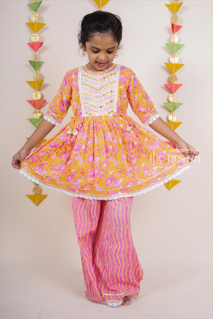 The Nesavu Sets & Suits Pink With Yellow Soft Cotton Palazzo Designer Wear For Girls psr silks Nesavu