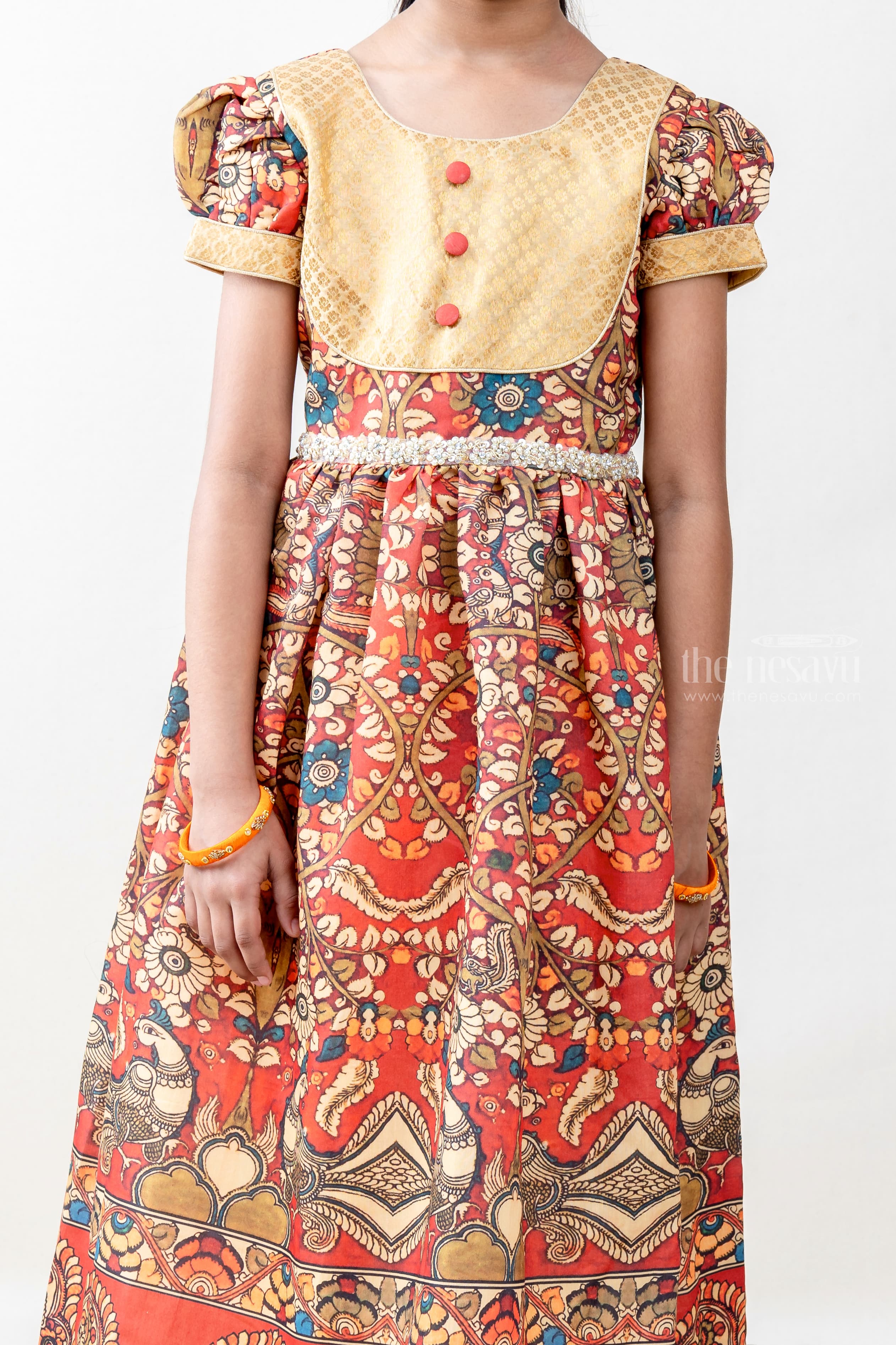 Kalamkari Frock Mustard and Maroon, Traditional Frocks